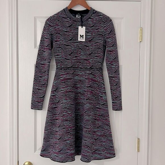 NWT M Missoni Multicolor Wool Blend Wave Long Sleeve Midi A-Line Womens Dress 38
